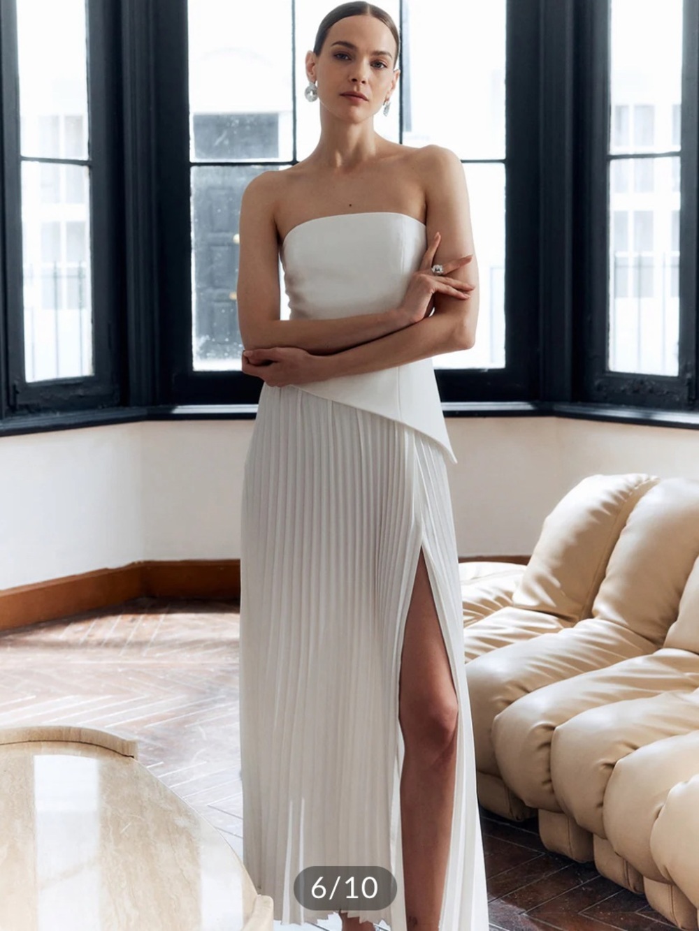 Strapless White Pleated Slit Evening Gown